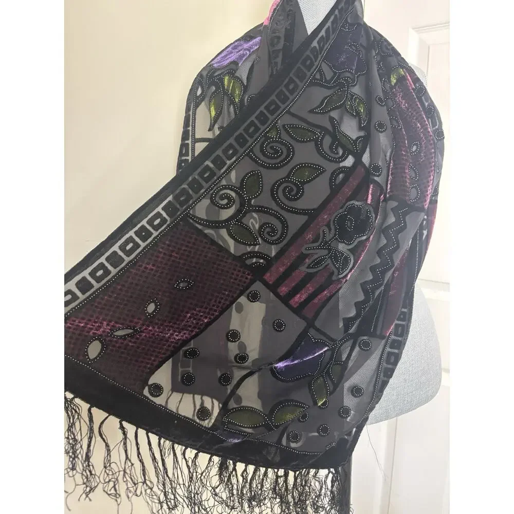 Vtg Silk Devore Burnout Velvet Fringed Shawl Scarf Art Nouveau Floral Boho